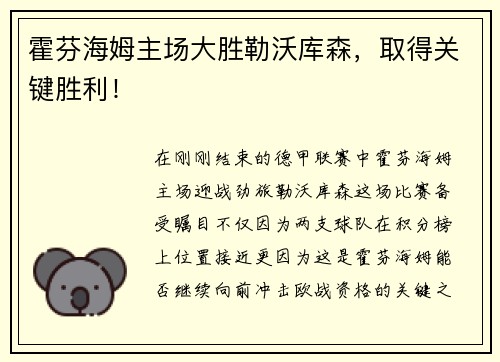 霍芬海姆主场大胜勒沃库森，取得关键胜利！