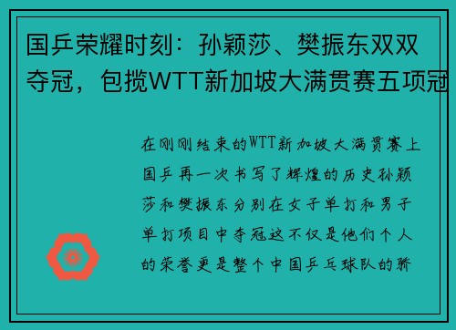 国乒荣耀时刻：孙颖莎、樊振东双双夺冠，包揽WTT新加坡大满贯赛五项冠军