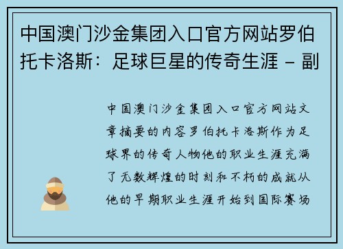 中国澳门沙金集团入口官方网站罗伯托卡洛斯：足球巨星的传奇生涯 - 副本