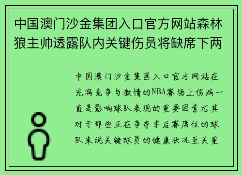 中国澳门沙金集团入口官方网站森林狼主帅透露队内关键伤员将缺席下两场比赛：球队面临严峻挑战
