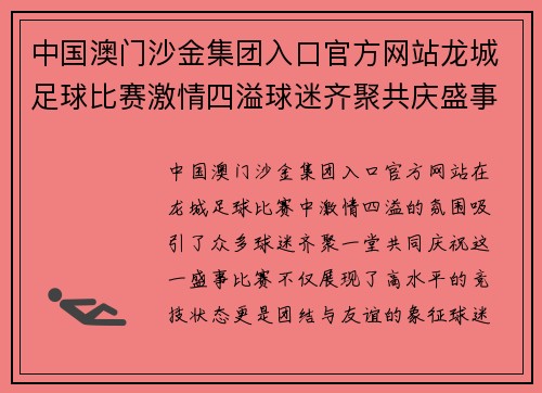中国澳门沙金集团入口官方网站龙城足球比赛激情四溢球迷齐聚共庆盛事展现团结与友谊