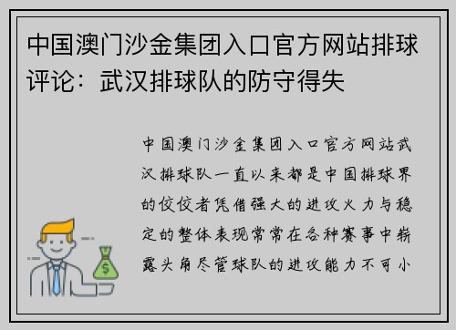 中国澳门沙金集团入口官方网站排球评论：武汉排球队的防守得失