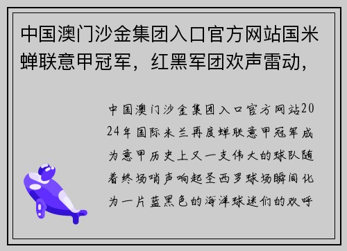 中国澳门沙金集团入口官方网站国米蝉联意甲冠军，红黑军团欢声雷动，铁杆球迷庆祝狂欢