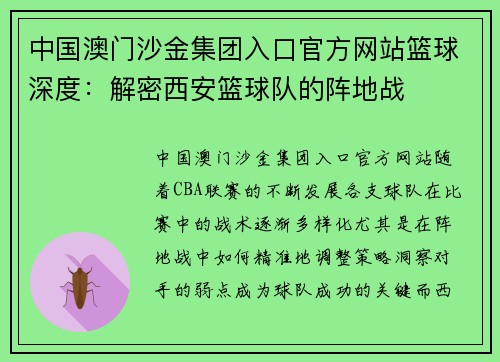 中国澳门沙金集团入口官方网站篮球深度：解密西安篮球队的阵地战