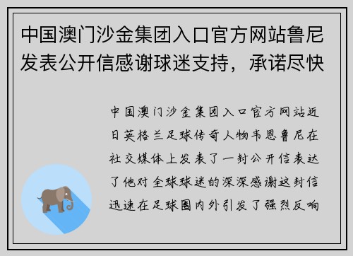 中国澳门沙金集团入口官方网站鲁尼发表公开信感谢球迷支持，承诺尽快复出比赛