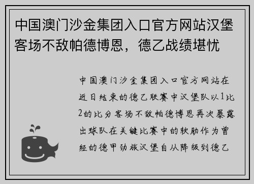 中国澳门沙金集团入口官方网站汉堡客场不敌帕德博恩，德乙战绩堪忧