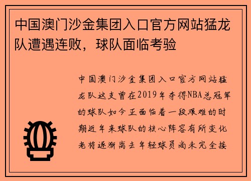 中国澳门沙金集团入口官方网站猛龙队遭遇连败，球队面临考验