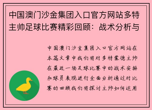 中国澳门沙金集团入口官方网站多特主帅足球比赛精彩回顾：战术分析与球员表现全解析