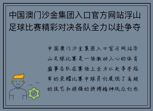 中国澳门沙金集团入口官方网站浮山足球比赛精彩对决各队全力以赴争夺冠军荣耀