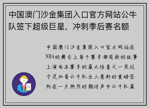 中国澳门沙金集团入口官方网站公牛队签下超级巨星，冲刺季后赛名额