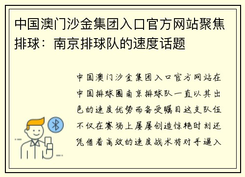 中国澳门沙金集团入口官方网站聚焦排球：南京排球队的速度话题