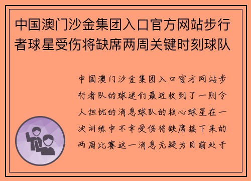 中国澳门沙金集团入口官方网站步行者球星受伤将缺席两周关键时刻球队面临挑战