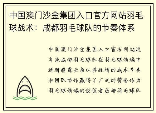 中国澳门沙金集团入口官方网站羽毛球战术：成都羽毛球队的节奏体系